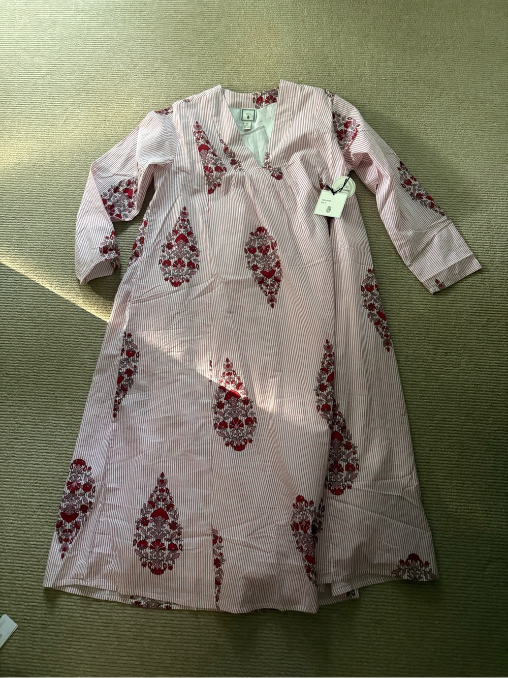 LEA Women's  Pink Striped Dress with Red Floral Motif- medium but runs generous
